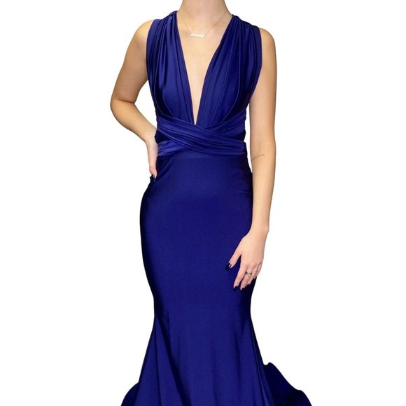 Jessica Angel 573 Plunging Neck Cross Back Maxi Gown Cobalt Size Small NWT - Picture 1 of 2